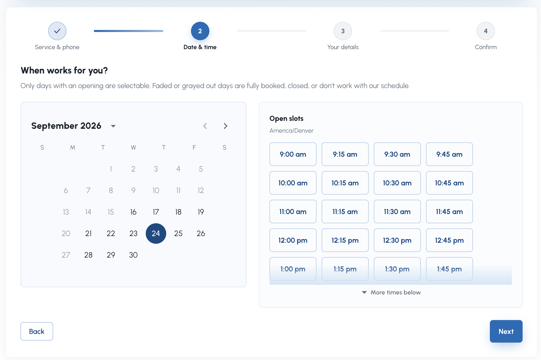 Public booking page with calendar and open time slots.
