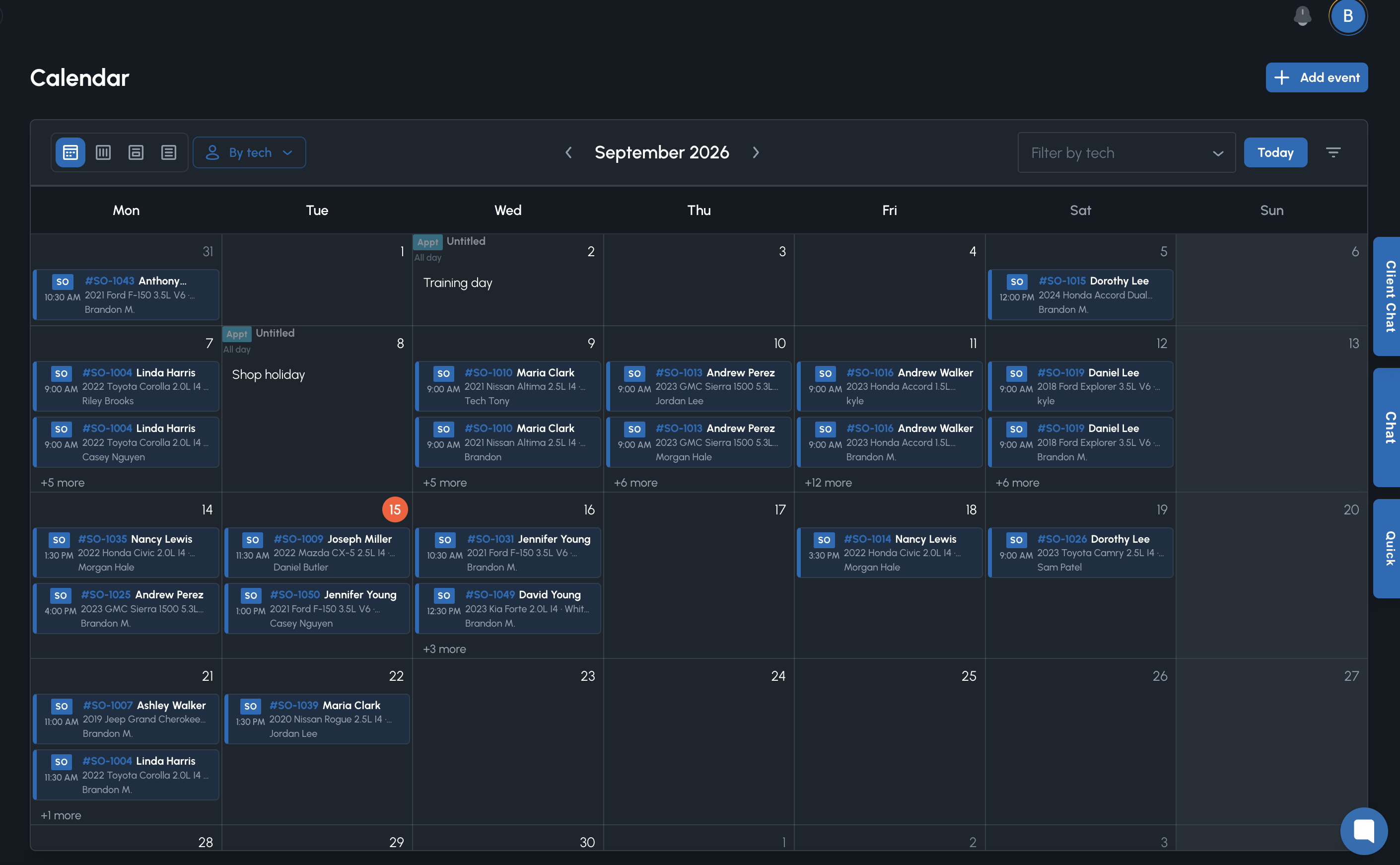 Shop calendar with service orders scheduled by technician.