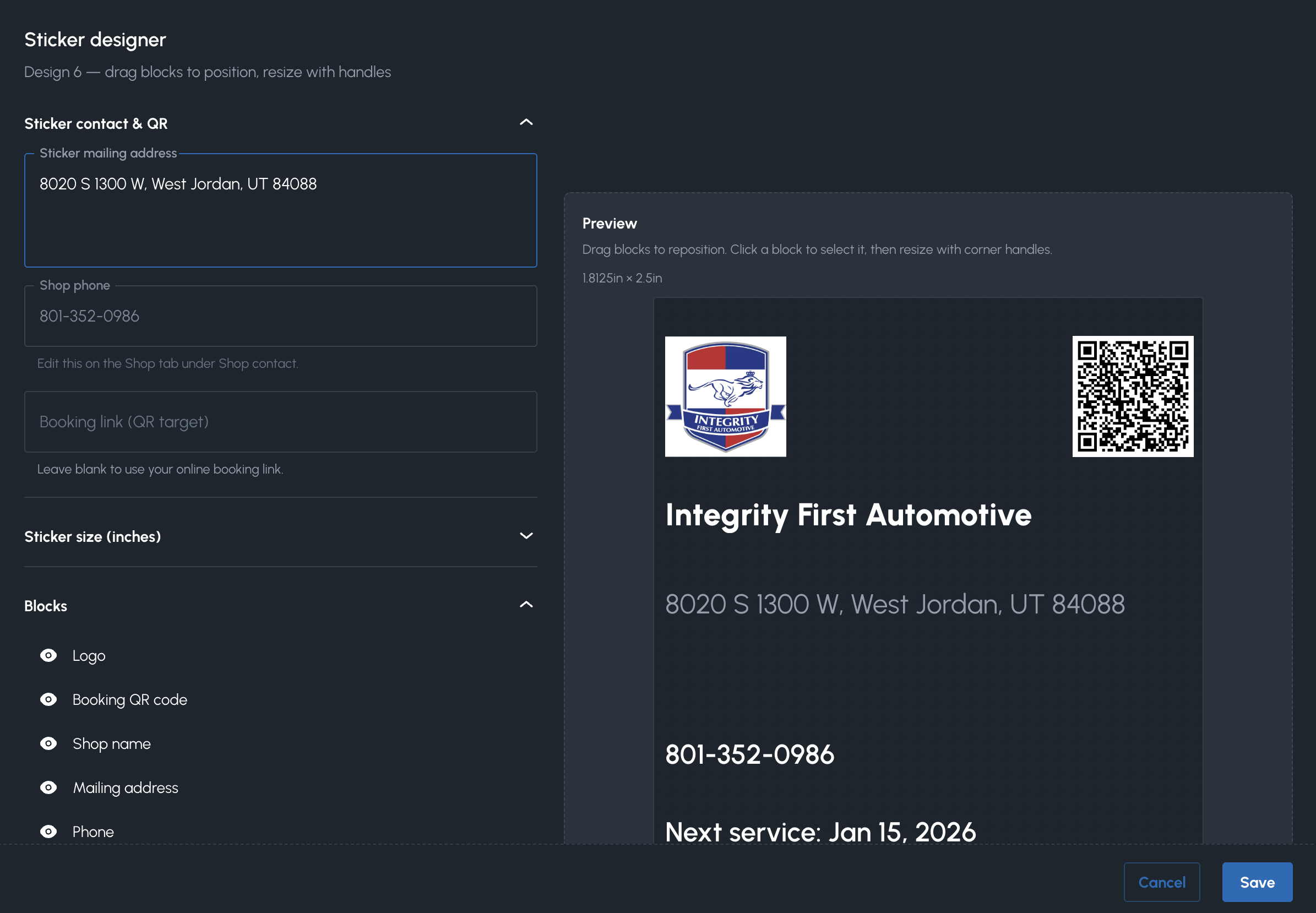 Oil sticker editor with drag-and-drop blocks for logo, address, phone, QR, and next service.