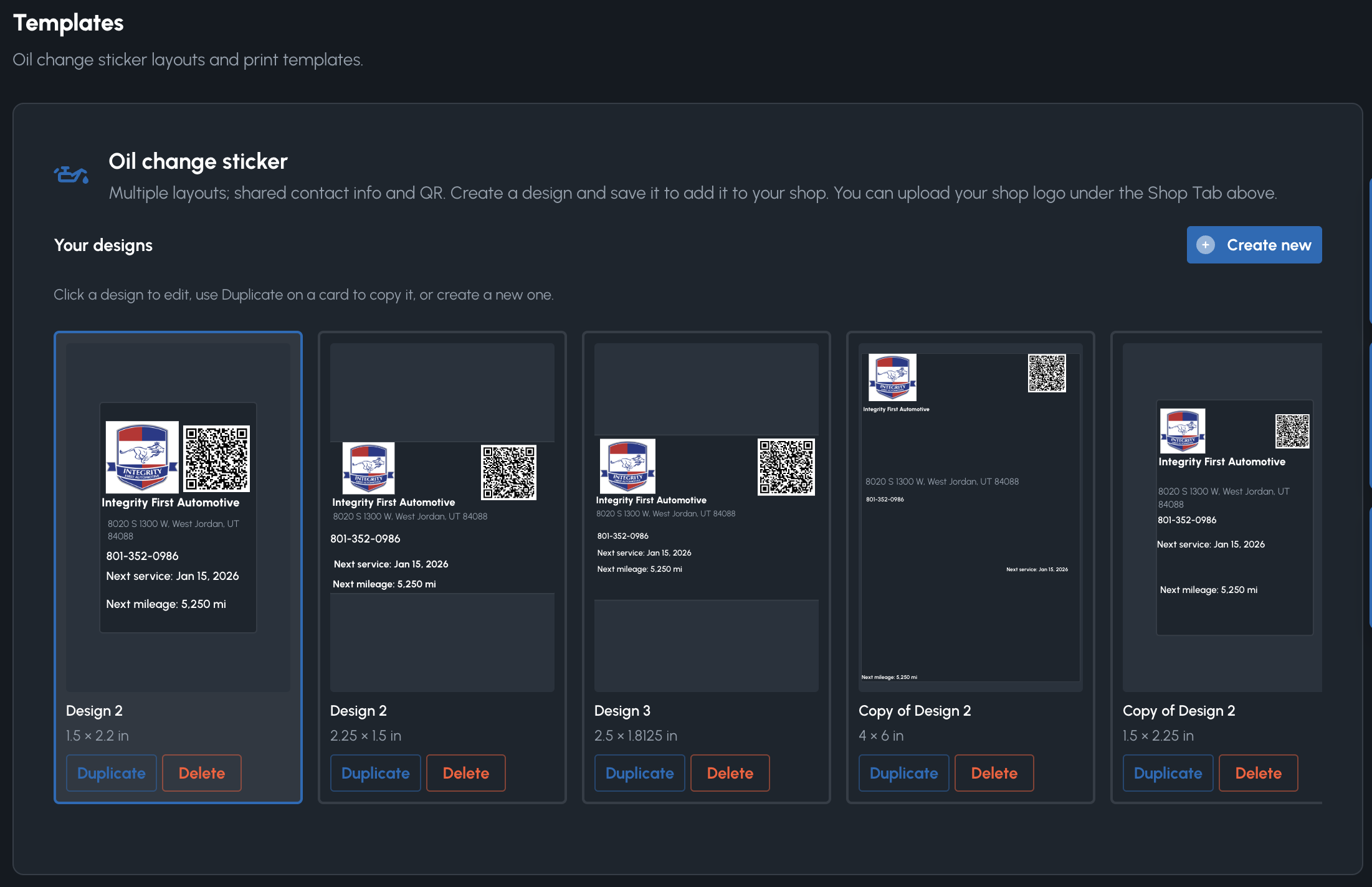 Oil sticker template gallery with multiple sizes, shop logo, next service, and booking QR.